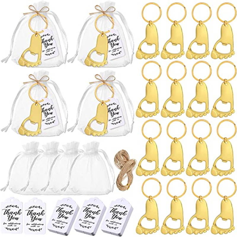 Zwitsal Baby Products - พวงกุญแจเปิดขวดลายเท้าเด็ก 50 ชิ้น สำหรับงานเลี้ยงฉลองทารกแรกเกิด พร้อมถุงผ้าออร์แกนิก และป้ายของที่ระลึกงานเลี้ยงฉลองทารกแรกเกิด